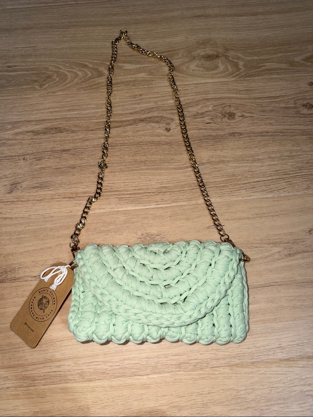 Handmade Mint Green Crochet Chain Shoulder Bag with gold chain NWT